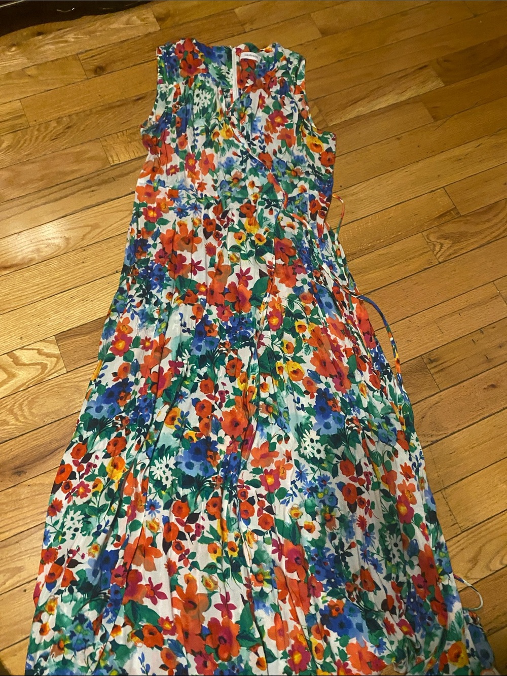 Calvin Klein White Floral Maxi Dress with Orange, Blue & Green Print